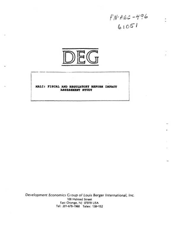 Mali : fiscal and regulatory reform impact assessment study