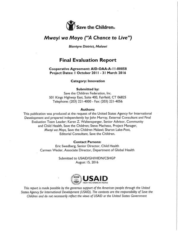 Mwayi wa moyo ("a chance to live"), Blantyre District, Malawi : final evaluation report
