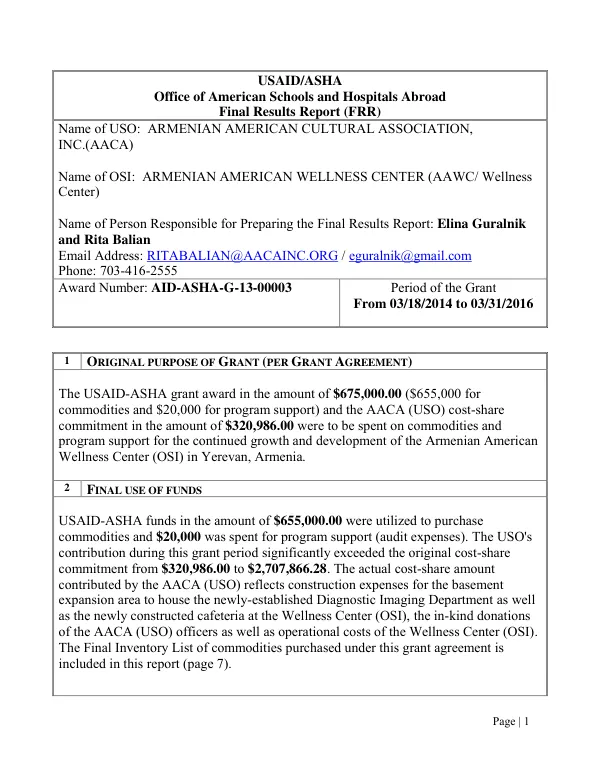 Armenian American Wellness Center (AAWC/Wellness Center) : final results report (FRR), award number AID-ASHA-G-13-00003 from 03/18/2014 to 03/31/2016