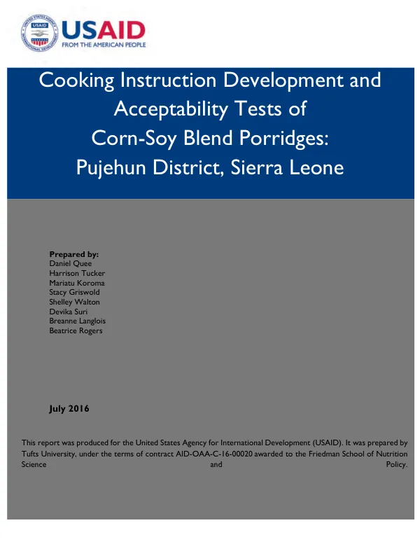 Cooking instruction development and acceptability tests of corn-soy blend porridges : Pujehun District, Sierra Leone