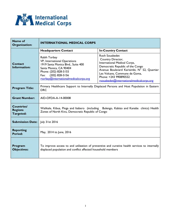 Primary healthcare support to internally displaced persons and host populations in eastern DRC : AID-OFDA-A-14-00008, May, 2014 to June, 2016