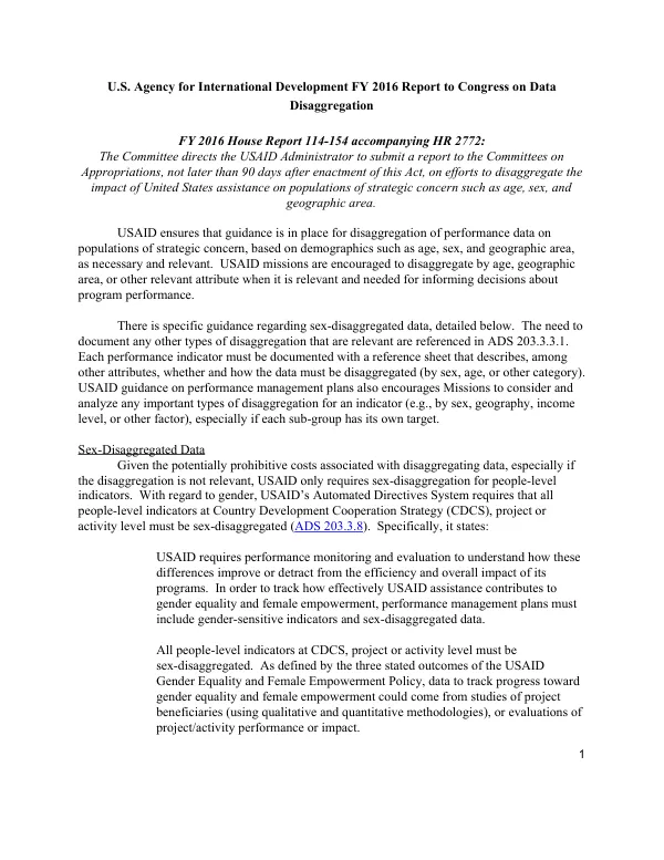 U.S. Agency for International Development FY 2016 report to Congress on data disaggregation