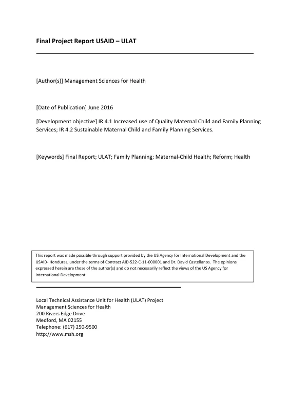 Local technical assistance unit for health (ULAT) Honduras : final project report, 29 July 2011 - 28 June 2016