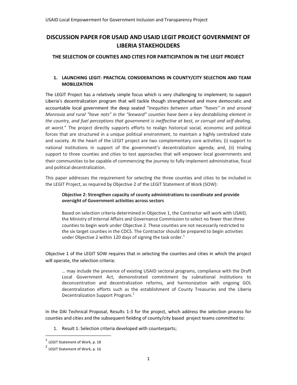 Discussion paper for USAID and USAID LEGIT project Government of Liberia stakeholders : the selection of counties and cities for participation in the LEGIT project