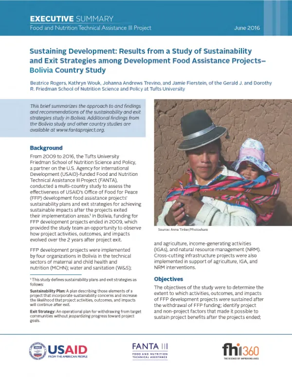 Sustaining development : results from a study of sustainability and exit strategies among development food assistance projects : Bolivia country study : executive summary