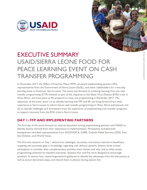 USAID/Sierra Leone Food for Peace Learning Event on Cash Transfer Programming: Executive Summary