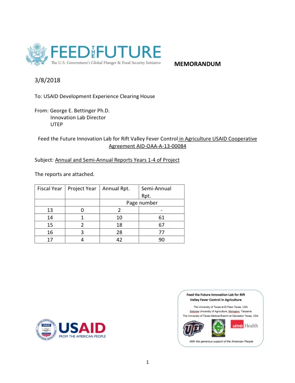 Rift Valley Fever Control in Agriculture USAID Cooperative Agreement AID-OAA-A-13-00084 FY13-17 Annual and Semi-Annual Reports