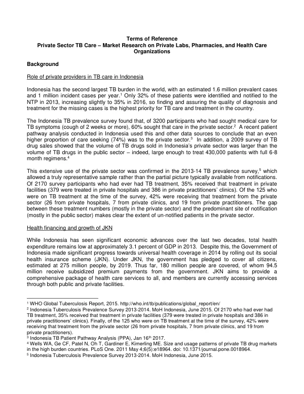 Terms of Reference: Private Sector TB Care - Market Research on Private Labs, Pharmacies, and Health Care Organizations