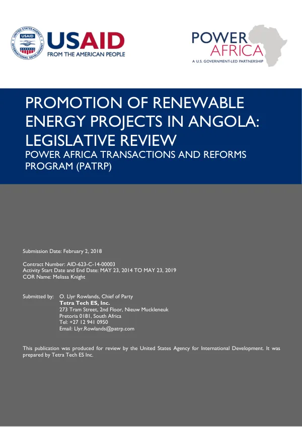 PROMOTION OF RENEWABLE ENERGY PROJECTS IN ANGOLA: LEGISLATIVE REVIEW POWER AFRICA TRANSACTIONS AND REFORMS PROGRAM (PATRP)