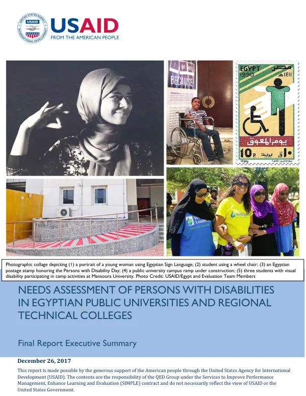 Needs assessment of persons with disabilities in Egyptian public universities and regional technical colleges : final report executive summary