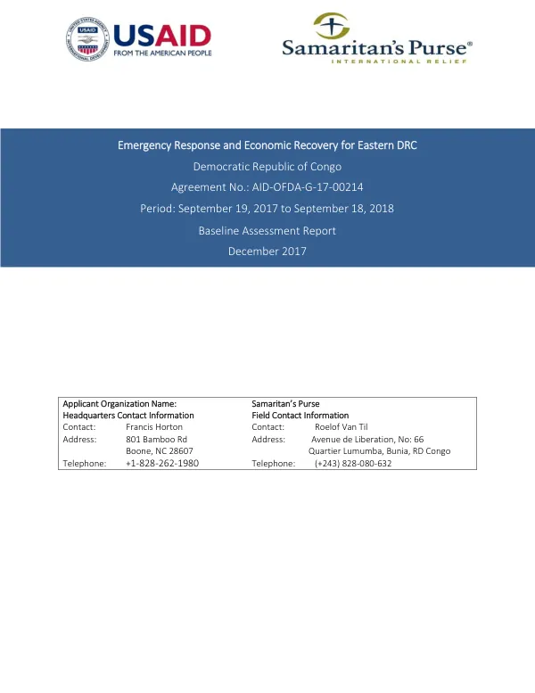 Emergency response and economic recovery for eastern DRC : baseline assessment report