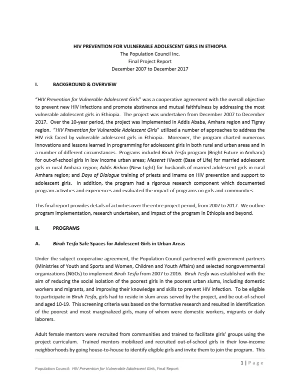HIV prevention for vulnerable adolescent girls in Ethiopia [final project report]