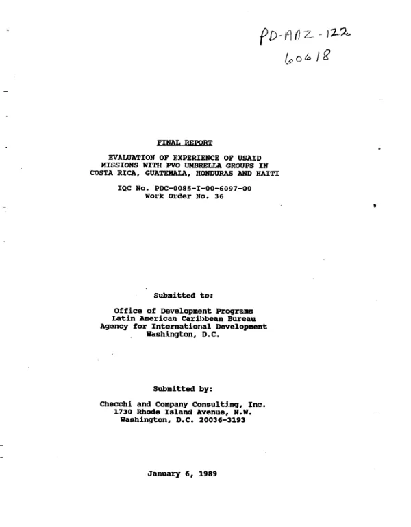 Final report : evaluation of experience of USAID missions with PVO umbrella groups in Costa Rica, Guatemala, Honduras and Haiti