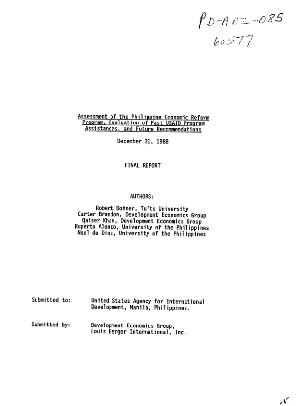 Assessment of the Philippine economic reform program, evaluation of past USAID program assistance, and future recommendations : final report