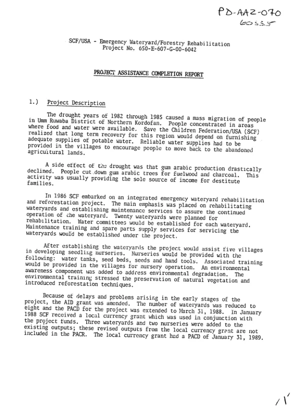 SCF/USA - emergency wateryard/forestry rehabilitation, project no. 650-E-607-G-00-6042 : project assistance completion report