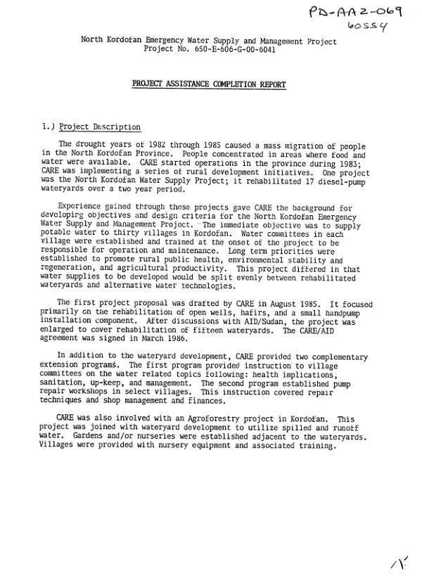 North Kordofan emergency water supply and management project, project no. 650-E-606-G-00-6041 : project assistance completion report