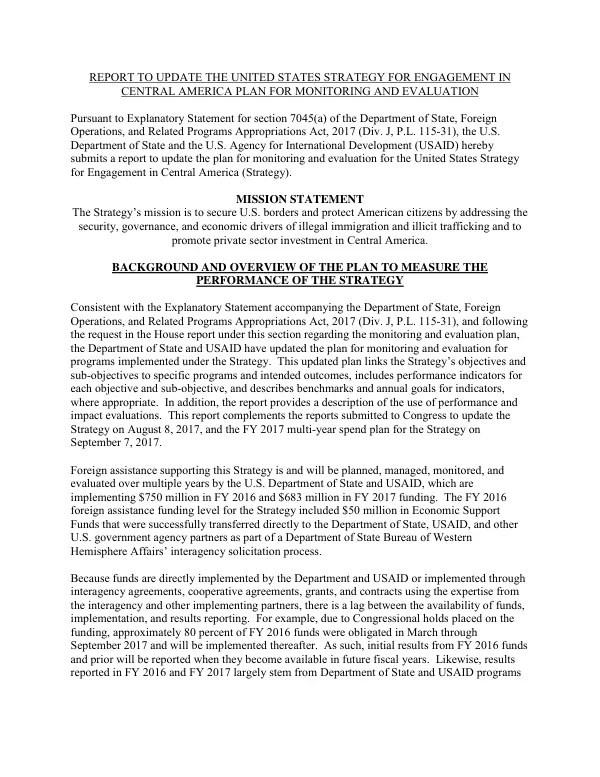 Report to update the United States strategy for engagement in Central America plan for monitoring and evaluation