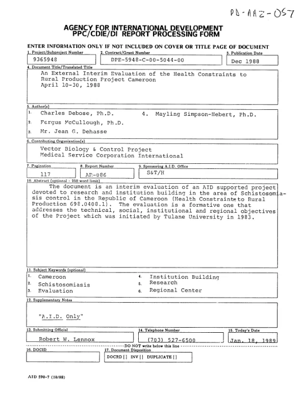 External interim evaluation of the health constraints to rural production project, April 10 - 30, 1988