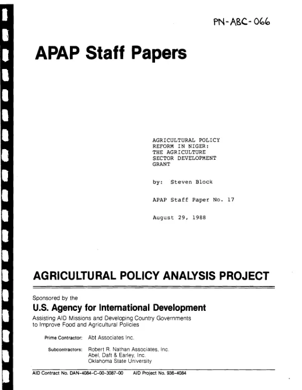 Agricultural policy reform in Niger : the agriculture sector development grant