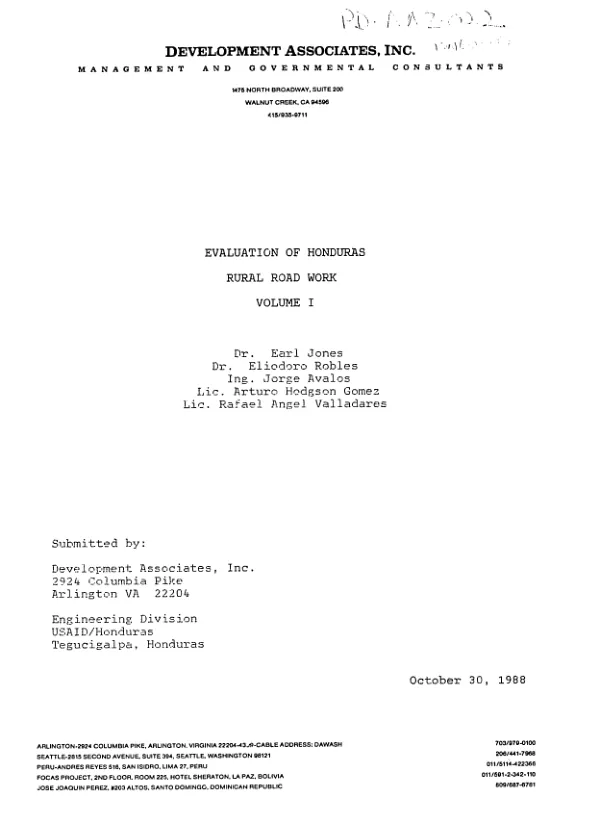 Evaluation of Honduras rural road work : volume I