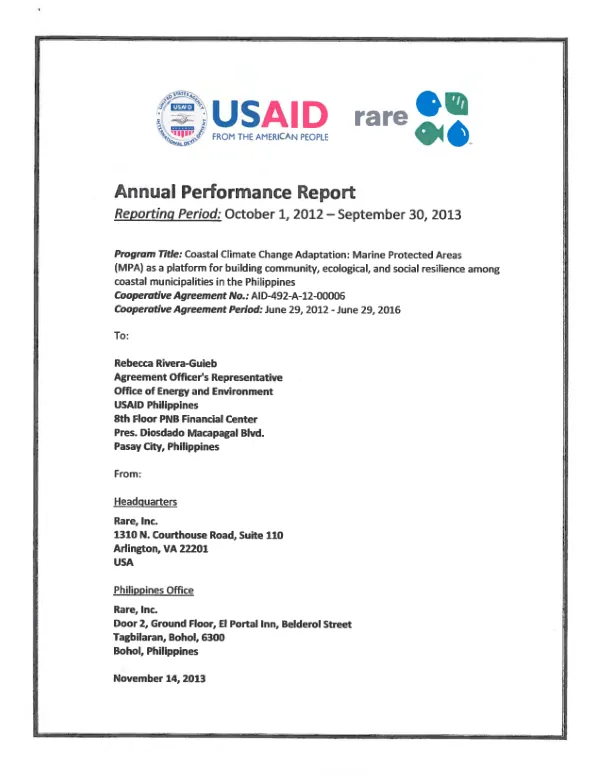 Annual performance report : reporting period, October 1, 2012-September 30, 2013 : coastal climate change adaptation : marine protected areas (MPA) as a platform for building community, ecological, and social resilience among coastal municipalities in the Philippines