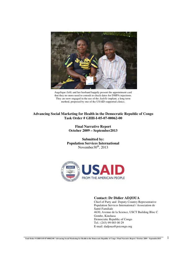Advancing social marketing for health in the Democratic Republic of Congo : task order # GHH-I-05-07-00062-00 : final narrative report, October 2009-September 2013