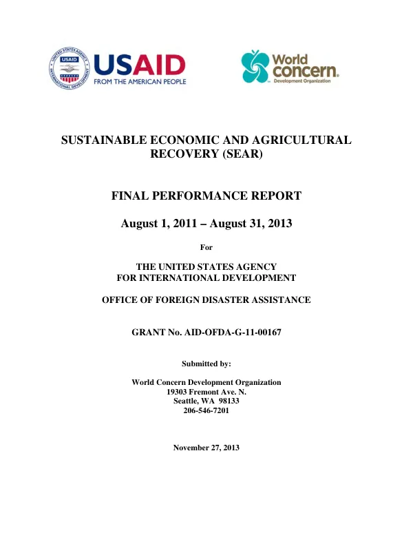 Sustainable economic and agricultural recovery (SEAR) : final performance report August 1, 2011-August 31, 2013