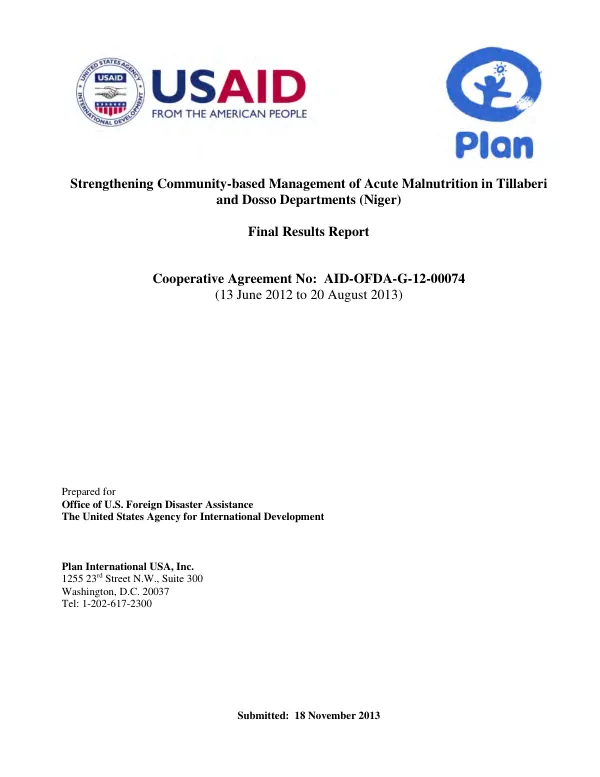 Strengthening community-based management of acute malnutrition in Tillaberi and Dosso departments (Niger) : final results report, cooperative agreement no: AID-OFDA-G-12-00074