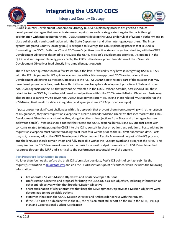 Integrated country strategy (ICS) : integrating the USAID CDCS