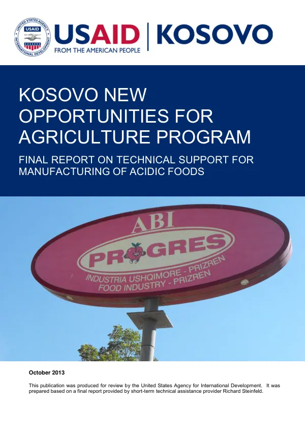 Kosovo new opportunities for agriculture program : final report on technical support for manufacturing of acidic foods