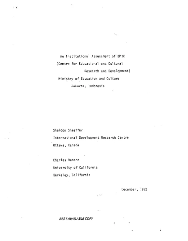 Institutional assessment of BP3K (Centre for Educational and Cultural Research and Development), Ministry of Education and Culture, Jakarta, Indonesia