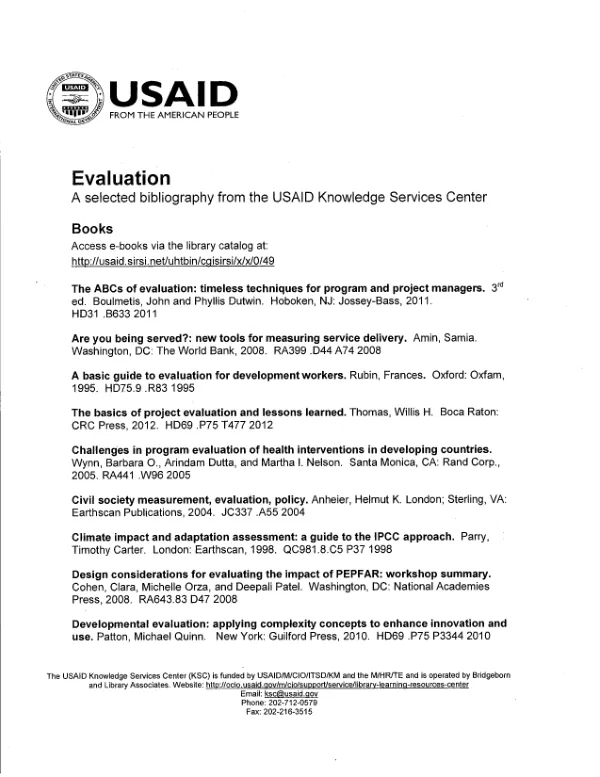 Evaluation : a selected bibliography from the USAID Knowledge Services Center