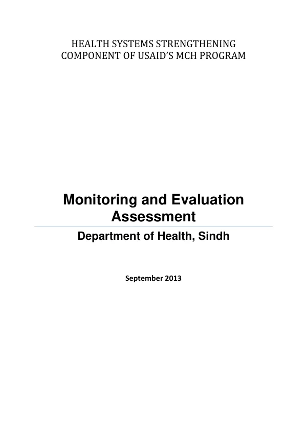 Health systems strengthening component of USAID’s MCH program : monitoring and evaluation assessment : Department of Health, Sindh