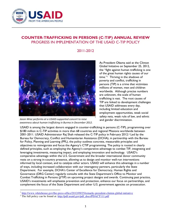 Counter-trafficking in persons (C-TIP) annual review : progress in implementation of the USAID C-TIP policy 2011-2012