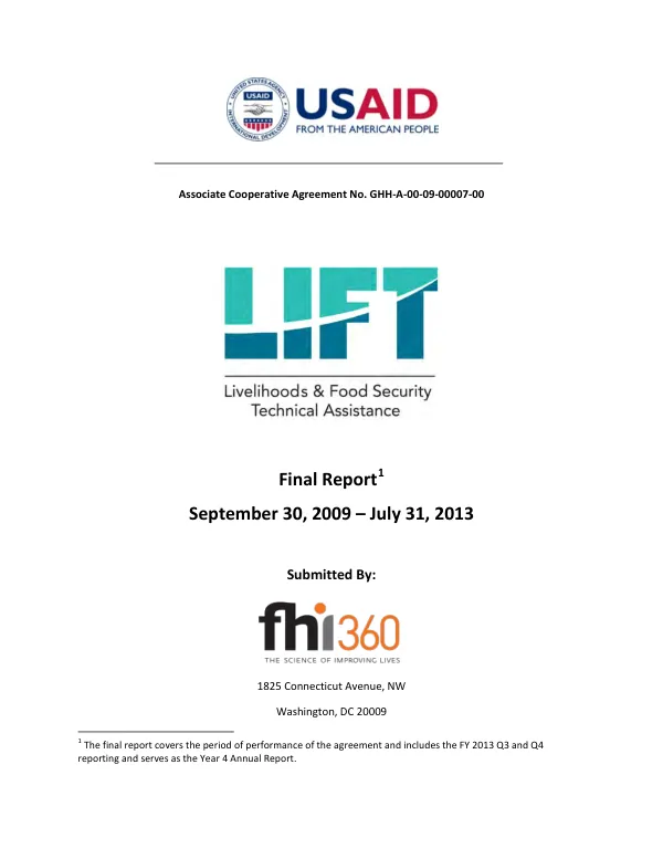 LIFT, livelihoods and food security technical assistance : final report, September 30, 2009-July 31, 2013