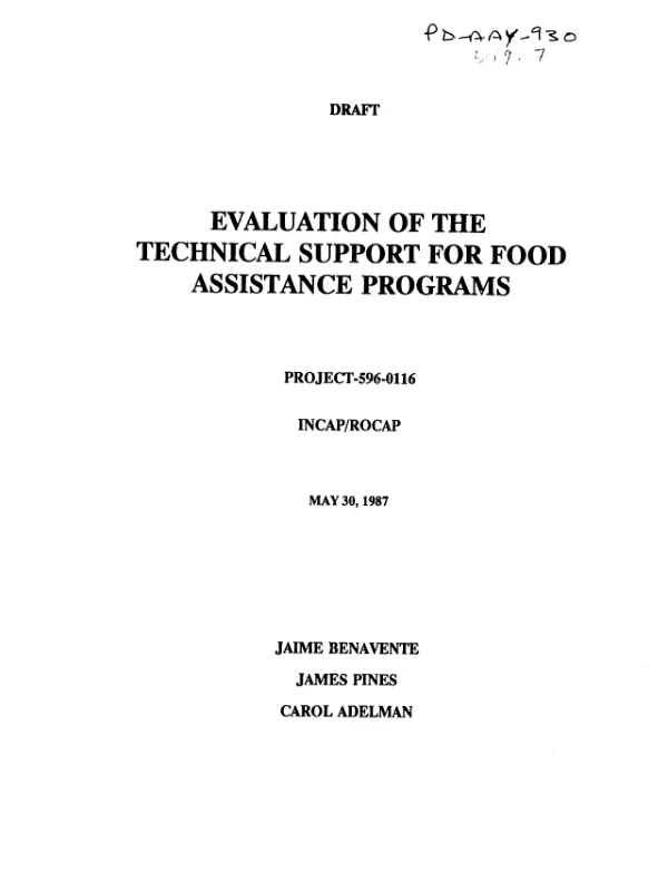 Draft : evaluation of the technical support for food assistance programs