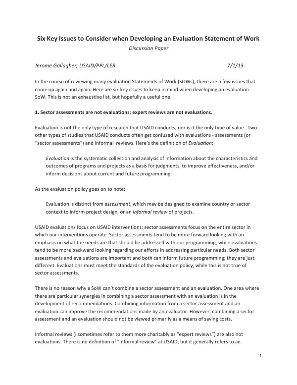 Six key issues to consider when developing an evaluation statement of work : discussion paper