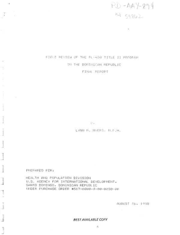 Field review of the PL-480 Title II program in the Dominican Republic : final report