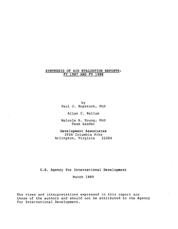 Synthesis of AID evaluation reports : FY 1987 to FY 1988
