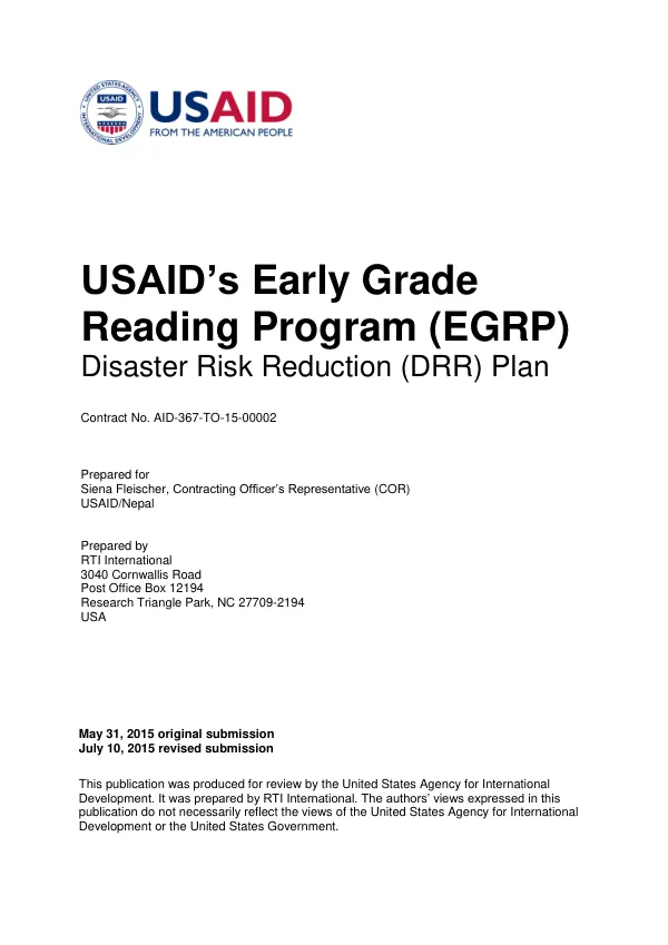Assistance to Basic Education-All Children Reading (ABE-ACR) USAID’s Early Grade Reading Program (EGRP) in Nepal Disaster risk reduction (DRR) plan