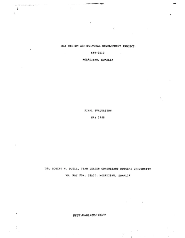 Bay Region agricultural development project, 649-0113, Mogadishu, Somalia : final evaluation