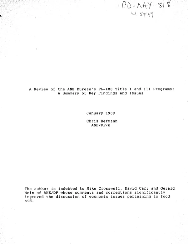Review of the ANE Bureau's PL-480 Title I and III programs : a summary of key findings and issues