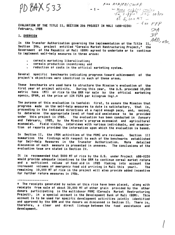 Evaluation of the title II, section 206 project in Mali (688-0230)