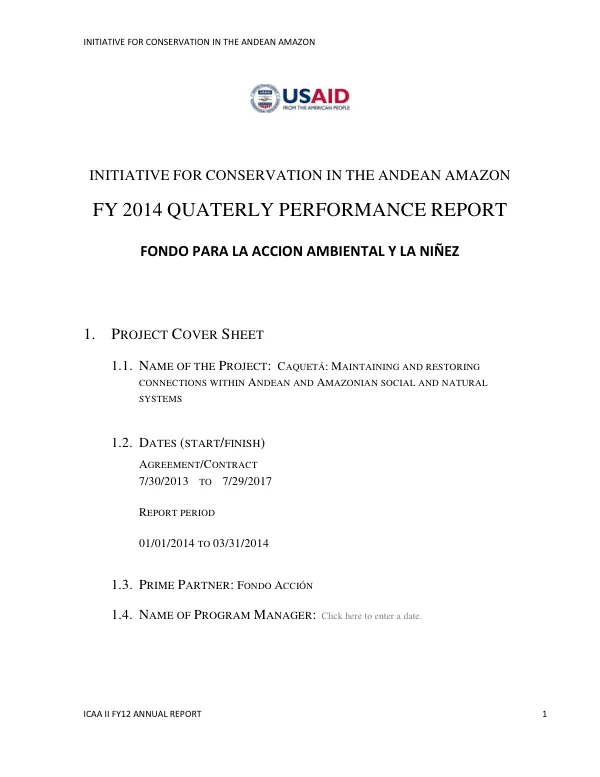 INITIATIVE FOR CONSERVATION IN THE ANDEAN AMAZON FY 2014 QUATERLY PERFORMANCE REPORTQ2