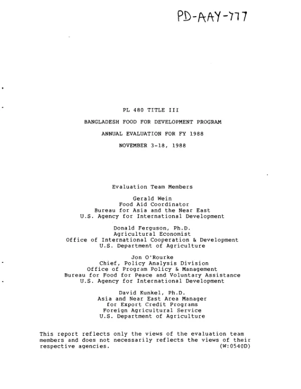 PL-480 Title III Bangladesh food for development program : annual evaluation for FY 1988, November 3-18, 1988