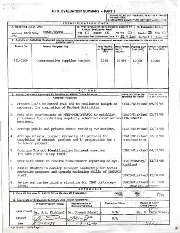 Mid-term evaluation : Ghana contraceptive supplies project, project no. 641-0109