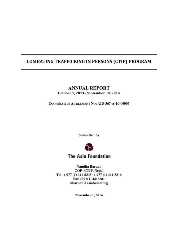 COMBATING TRAFFICKING IN PERSONS (CTIP) PROGRAM_Annual Report (October 1, 2013 -September 30,2014)