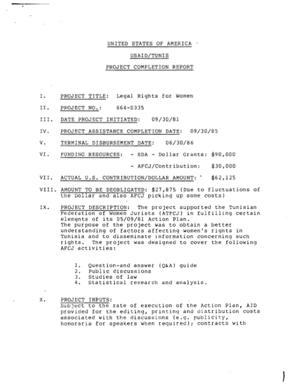 United States of America, USAID/Tunis, project completion report