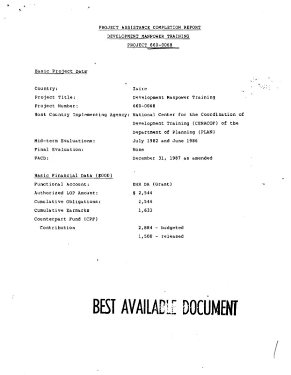 Project assistance completion report : development manpower training project 660-0068