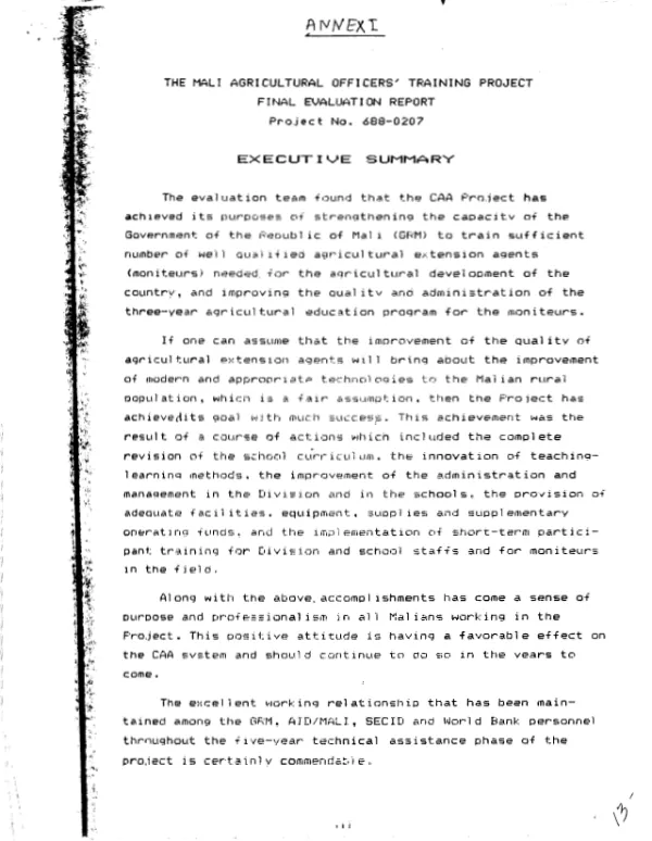 Mali agricultural officers' training project : final evaluation report, project no. 688-0207 -- executive summary